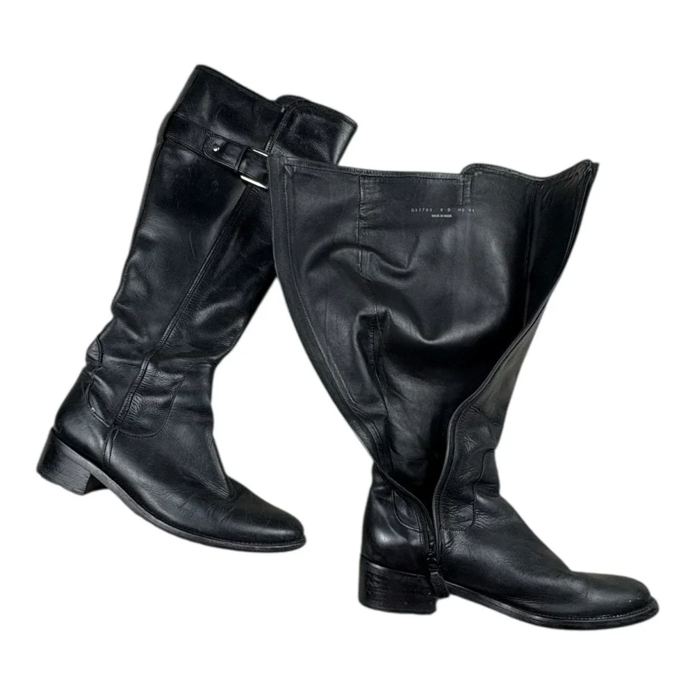 Black Leather Knee High Riding Boots Womens 8B Buckle Zip Made in‎ India
